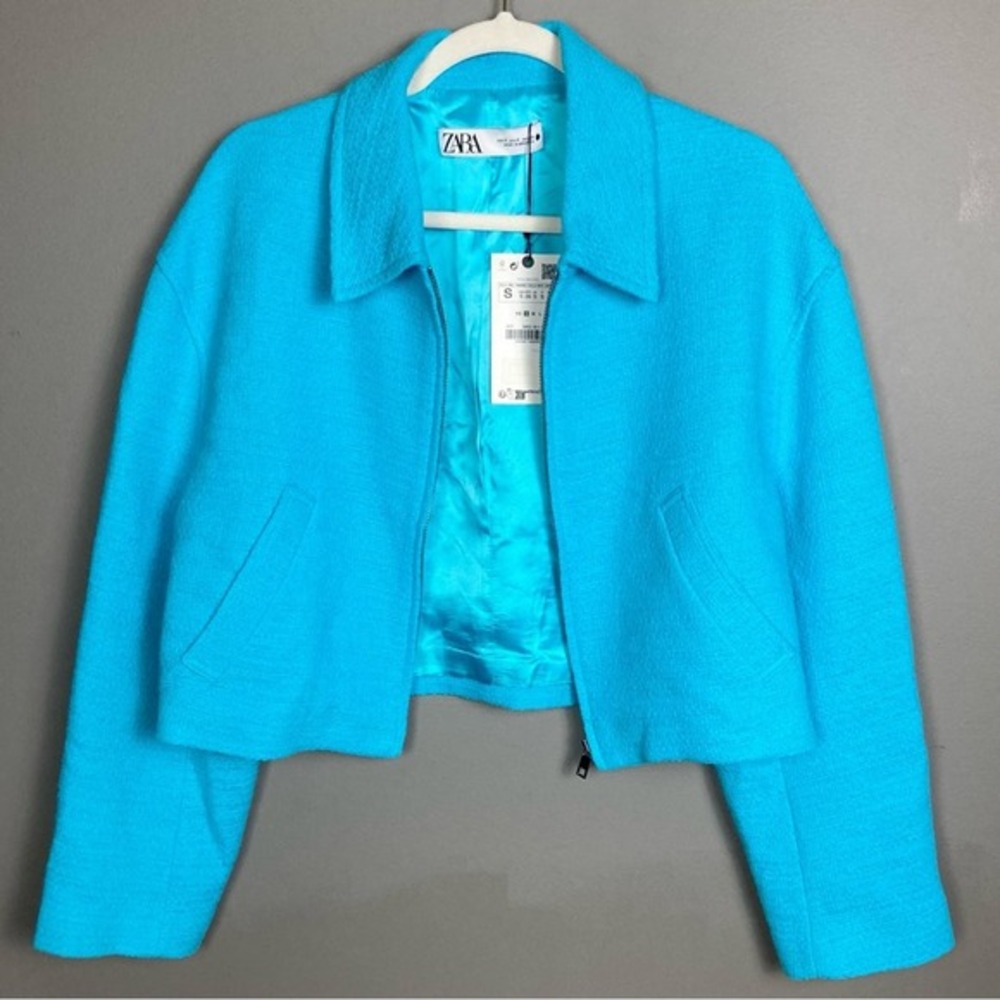 Zara jacket women's small bomber blazer turquoise blue‎ tweed textured NWT - Picture 4 of 14